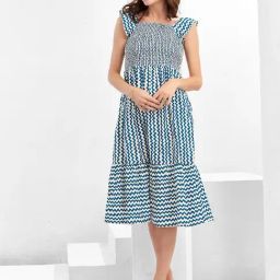 SELVIA Blue & Off White Printed Fit & Flare Dress-image-50