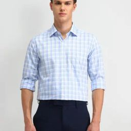Arrow Blue Cotton Slim Fit Checks Shirt-image-38