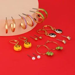 Lilly & Sparkle Set of 9 Golden 3 Studs, 3 Enameled Hoops, and 3 Smiley Yin-Yang Charm Bali Earrings-1