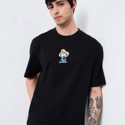 Spykar Black Cotton Loose Fit Print T-Shirt-image-99