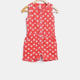 Kids On Board Girls Coral Pink & Off-White Printed Playsuit-49