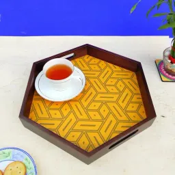 Crayton Yellow & Green Teak Wood Serving Tray - Set of 1-14