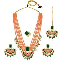 Peora Gold Plated Peach Green CZ Stone Long Necklace Dangler Earrings Maangtikka Ring Jewellery Set-10