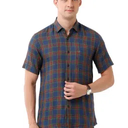 Linen Club Blue Contemporary Fit Check Shirt-image-59