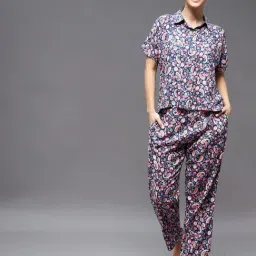 Miss Chase Navy & Pink Rayon Printed Shirt With Pyjamas-image-93
