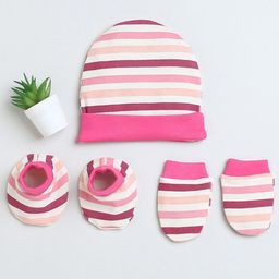 BUMZEE Infant Girls Striped Cotton Beanie Cap Mitten and Bootie-54