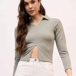 Mayra Women Shirt Collar Ribbed Crop Fitted Top-image-30