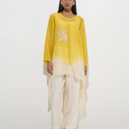 Vark by Westside Yellow Ombre High-Low Kurta, Inner and Pants Set-image-3