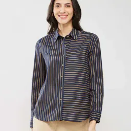 Pink Fort Navy Cotton Striped Shirt-image-14