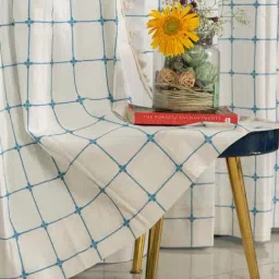 Urban Space Aura Turquoise Checks Cotton Embroidered Long Door Curtain-image-87