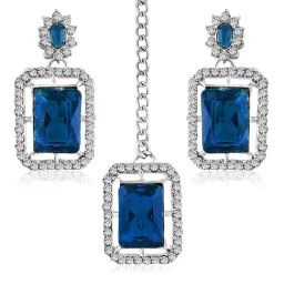 Peora Silver Plated Blue Crystal & CZ Drop Earrings & Maangtikka Jewellery Set-27