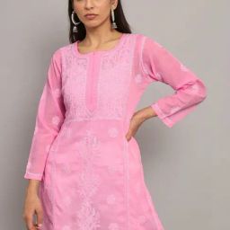 PARAMOUNT CHIKAN Dusty Rose Cotton Hand Embroidered Chikankari Straight Kurti-image-22
