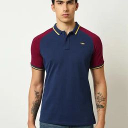 Lee Navy & Red Cotton Slim Fit Colour Block Polo T-Shirt-image-9