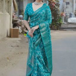 MIRCHI FASHION Turquoise Floral Print Saree With Unstitched Blouse-picture-42