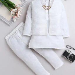 Fourfolds Boys White Cotton Regular Fit Embroidered Kurta Set-image-107