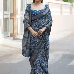 MIRCHI FASHION Rama Blue Floral Print Saree With Unstitched Blouse-13