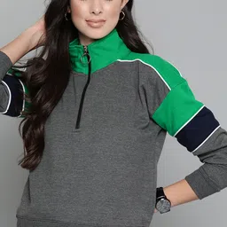 Harvard Women Charcoal & Green Colourblocked Sweatshirt with Drop Shoulder Sleeves-image-10