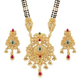 Peora Gold Plated Black Beads Studded Ethnic Mangalsutra & Earrings Jewellery Set-image-72