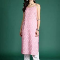 Indo Era Pink Cotton Printed Straight Kurta-image-96