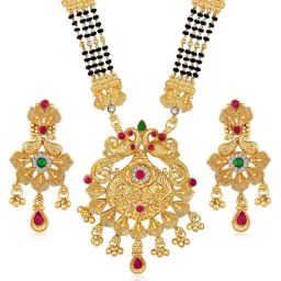 Peora Gold Plated Black Beads Studded Ethnic Mangalsutra & Earrings Jewellery Set-image-73