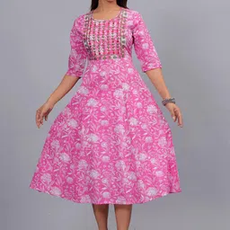 Sanganeri Kurti Ethnic Motif Embroidered A-Line Midi Dress-image-52