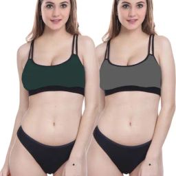 AROUSY Green & Grey Cotton Bra Panty Set - Pack Of 2-image-84