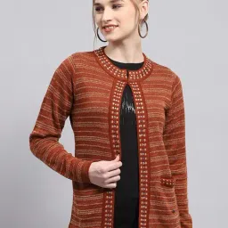 Monte Carlo Rust Wool Blend Striped Full Sleeve Cardigan-picture-5
