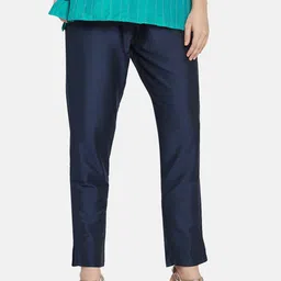 Go Colors Women Navy Blue Tapered Fit Solid Regular Trousers-picture-15