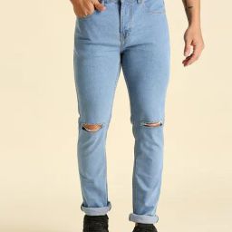High Star Light Blue Lightly Washed Slim Fit Distressed Jeans-image-57