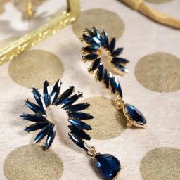 YouBella Navy Blue Gold-Plated Stone-Studded Contemporary Drop Earrings-14