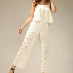 Vero Moda White Cotton Self Design Relaxed Fit High Rise Pants-image-84