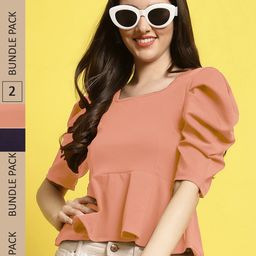 Fabflee Pack of 2 Puff Sleeves Peplum Top-image-80