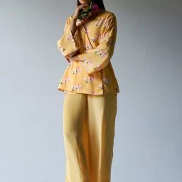Ganga Fashions Yellow Crepe Silk Printed Top and Pant With Detailing Lace Work on Bottom Seam Line-image-25