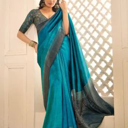 Saree Mall Blue Silk Self Saree with Blouse Piece-image-91
