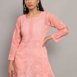 PARAMOUNT CHIKAN Salmon Peach Cotton Hand Embroidered Chikankari Straight Kurti-image-95