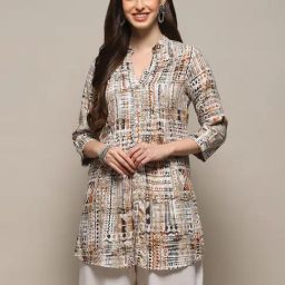 Biba Grey & Brown Printed A Line Kurti-1