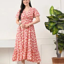 DECKEDUP Peach Cotton Printed A-Line Dress-picture-13