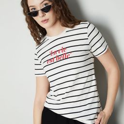 max Women Striped V-Neck Drop-Shoulder Sleeves Monochrome Applique T-shirt-image-90
