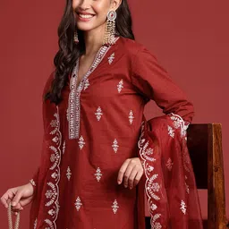 Anouk Ethnic Motifs Printed Mirror Work Pure Cotton Kurta with Trousers & With Dupatta-40