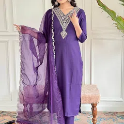 S.K.C Women Ethnic Motifs Embroidered Regular Thread Work Kurti with Trousers & With Dupatta-picture-15