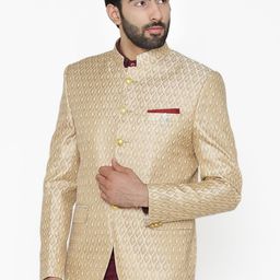 Wintage Men Cream-Coloured Self-Design Tailored Fit Bandhgala Blazer-28
