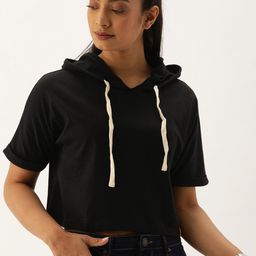 Campus Sutra Women Black Solid Hooded Crop Pure Cotton Top-image-40
