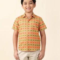 Fabindia Kids Lime Green & Orange Printed Shirt-image-15