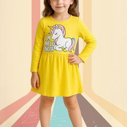 YK Unicorn Yellow Graphic Print Fit & Flare Dress-picture-7