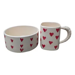 Clay Karma Red & White Heart Printed Ceramic Glossy Mug and Bowl Set-53
