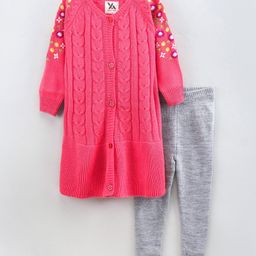 Yellow Apple Full Sleeves Winter Wear Suit Floral Embroidery - Pink-image-53
