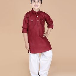 AJ Dezines Full Sleeves Button Closure Solid Pathani Suit - Maroon-image-84