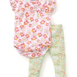 Babyoye Eco-Conscious 100% Cotton With Eco Jiva Finish Half Sleeves  Floral Printed Onesie With leggings - Pink & Green-picture-41