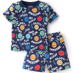 Babyhug Cotton Knit Single Jersey Half Sleeves Night Suit With Text & Smiley Print - Navy Blue-image-86