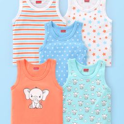 Babyhug 100% Cotton Sleeveless Sandos With Elephant & Star Print Pack Of 5 - Multicolour-image-52
